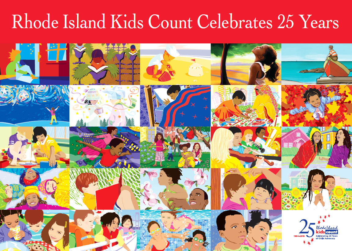 A depiction of all the covers from 24 of the 25 years of the Rhode Island Kids Count Factbook. The 2019 Factbook cover will not be revealed until the actual breakfast celebration.